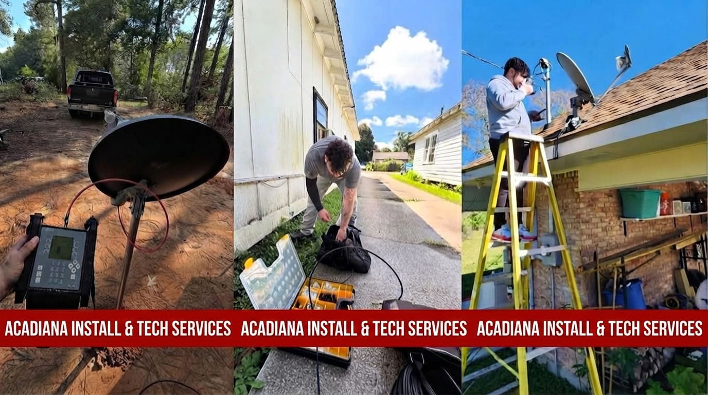 Acadiana Install & Tech Services technician at work on satellite dish removal and cable installation jobs